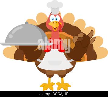 Mignon chef de dinde personnage de dessin animé servant la nourriture dans Un plateau de Sliver. Illustration vectorielle Flat Design isolé sur fond transparent Illustration de Vecteur
