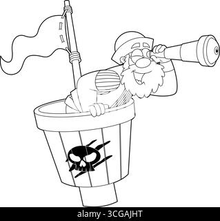 Décrit Funny Pirate Cartoon Character Using A Telescope in A Crows Nest. Illustration vectorielle dessinée à la main isolée sur fond transparent Illustration de Vecteur