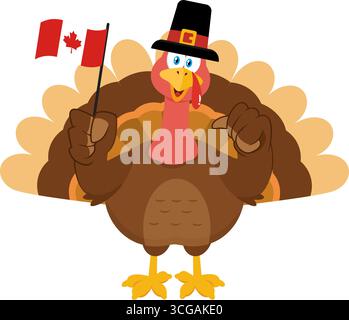 Personnage de dessin animé Cute Pilgrim Turkey Bird agitant le drapeau du Canada et donnant les pouces. Illustration vectorielle Flat Design Illustration de Vecteur