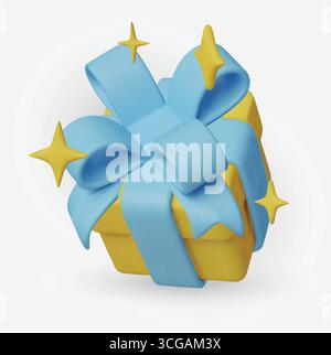 Boîtes cadeaux jaunes élégantes avec rubans et noeuds bleus. Pour bannière, poster web, flyer, brochure élégante, couverture. Illustration de Vecteur