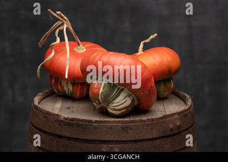 Turks Turban Squash Pumpkins exposés sur un tonneau en bois rustique sur un fond sombre Banque D'Images