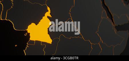 Golden Cameroun carte 3d entouré d'autres pays en noir avec des frontières dorées et dof peu profond. Carte politique de l'Afrique avec frontières Banque D'Images