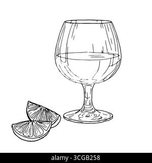 Élégant verre de cognac et tranches de citron, croquis noir et blanc. Illustration vectorielle. Boisson alcoolisée classique isolée sur fond blanc. Verre de Illustration de Vecteur