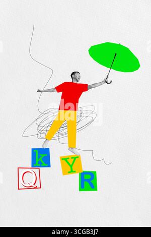 Zine bannière vertical collage photo de Happy Man fly lettres parapluie saison automne mauvais temps météorologie prévision cyclone Banque D'Images