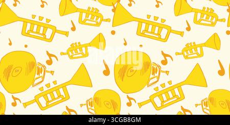 Fond jaune ludique avec des instruments à vent et des trompettes. Motif musical joyeux évoquant concert, festival de jazz et ambiance de célébration. Illustration de Vecteur