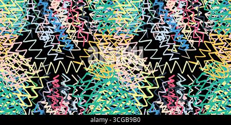 Motif vectoriel coloré sans couture de traits en zigzag géométriques disposés en couches vibrantes, formant un fond décoratif moderne et ludique. Illustration de Vecteur
