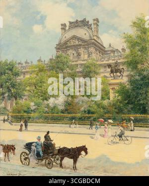 La place du Louvre, peinture à l'huile de Louis Béroud, 1902. La scène représente la Cour Napoléon au Palais du Louvre à Paris, en France, avec d'élégants Parisiens se promenant, faisant du vélo et voyageant en calèche, dans le cadre de la grande architecture du Louvre. Banque D'Images