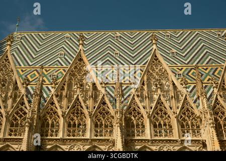 Vue détaillée du toit de la cathédrale Saint-Étienne de Vienne avec des tuiles géométriques colorées et des sculptures en pierre gothique sur le mur supérieur sous la lumière du jour Banque D'Images