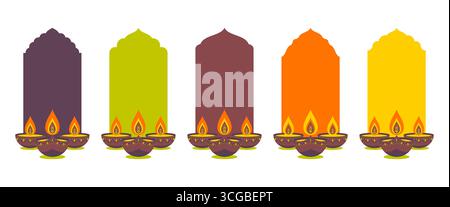 Ensemble de bannières indiennes avec Diya pour Diwali. Illustration de Vecteur