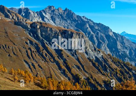 Herbstlicht am Bergmassiv Haut de Cry, Berner Alpen, Chamoson, Wallis, Schweiz *** lumière d'automne sur la chaîne du Haut de Cry, Alpes bernoises, Chamo Banque D'Images