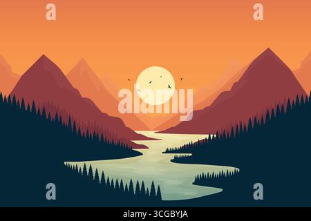 Illustration vectorielle plate de paysage de coucher de soleil de montagne. Illustration de Vecteur