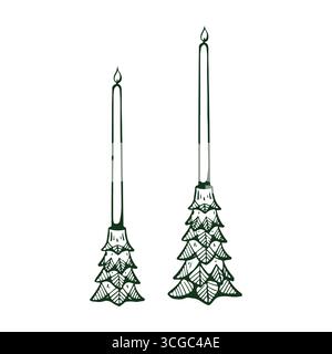 Bougies décoratives de Noël en forme de sapins. Illustration vectorielle monochrome isolée sur fond blanc. Décoration de Noël. Ensemble de deux bougies. Graphique Illustration de Vecteur
