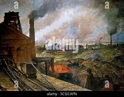 Paysage - vue industrielle dans le Borinage par Constantin Meunier 1831-1905 Belgique belge, ( Constantin Meunier (1831-1905) était un peintre et sculpteur belge célèbre pour ses représentations sociales réalistes de la classe ouvrière industrielle. Son art se concentre sur les mineurs et les dockers, élevant leur vie et leurs luttes à un niveau emblématique, et reflétant les changements sociaux et politiques de son époque. Ses œuvres importantes incluent le monumental mine Triptyque, qui décrit le cycle quotidien de la vie d'un mineur, et des sculptures comme les mineurs. Banque D'Images