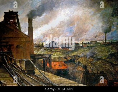 Paysage - vue industrielle dans le Borinage par Constantin Meunier 1831-1905 Belgique belge, ( Constantin Meunier (1831-1905) était un peintre et sculpteur belge célèbre pour ses représentations sociales réalistes de la classe ouvrière industrielle. Son art se concentre sur les mineurs et les dockers, élevant leur vie et leurs luttes à un niveau emblématique, et reflétant les changements sociaux et politiques de son époque. Ses œuvres importantes incluent le monumental mine Triptyque, qui décrit le cycle quotidien de la vie d'un mineur, et des sculptures comme les mineurs. Banque D'Images