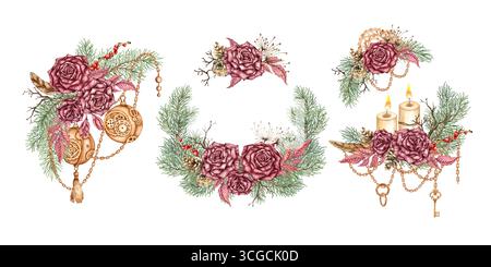 Roses de Bourgogne, branches de pin, cônes, engrenages, boules, chaînes, bougies, pendentifs set steampunk illustration aquarelle. Isolé de l'arrière-plan. Sui Banque D'Images