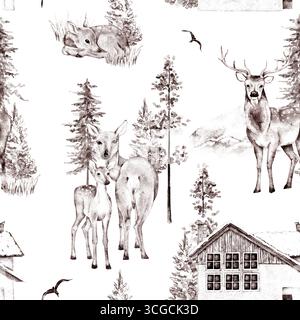 Motif de cerf de style rétro sans couture dans des traits d'encre graphique dessinés à la main avec des arbres forestiers, des montagnes et des maisons, isolé sur fond blanc. Banque D'Images