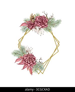 Roses de Bourgogne, branches de pin, cônes, brindilles sèches, feuilles, fleurs séchées, plumes disposées dans un cadre géométrique. Illustration aquarelle pour Noël Banque D'Images