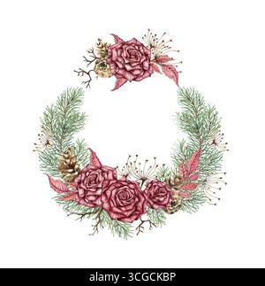 Couronne de roses Bourgogne, branches de sapin, cônes, fleurs séchées, branches sèches. Illustration aquarelle dans le style steampunk pour Noël et nouvel an déco Banque D'Images