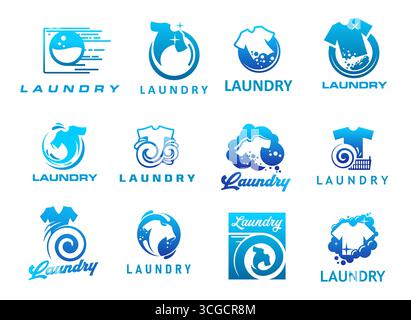 Icônes de blanchisserie, service de lavage, laverie automatique ou étiquettes vectorielles de laverie. Lavez et séchez la machine avec bulles de détergent, panier et t-shirt, vêtements propres, mousse de savon et symboles de tourbillon d'eau pour le linge Illustration de Vecteur