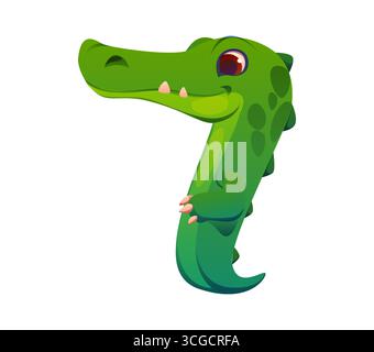 Numéro sept symbole mathématique comme personnage drôle d'animal alligator de bande dessinée. Crocodile enfants alphabet zoo police mascotte, police enfants, type de lettre. Cute abc pour les enfants, l'apprentissage des mathématiques et les jeux Illustration de Vecteur