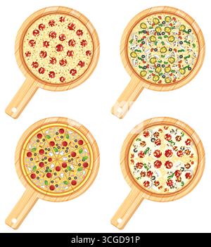Illustration vectorielle de vue de dessus de quatre pizzas assorties avec des garnitures colorées sur des planches en bois. Illustration de Vecteur