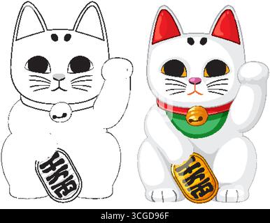Vecteur japonais de chat chanceux dans les styles colorés et contours, lignes épurées, couleurs plates Illustration de Vecteur