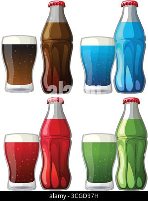 Bouteilles de soda vectorielles colorées et verres avec des contours audacieux, des reflets et un style vibrant. Illustration de Vecteur