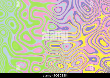 Fond psychédélique coloré tourbillons abstraits avec des motifs rétro trippy couleurs pastel. Banque D'Images