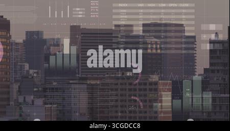 Affichage de données superposant l'horizon de la ville dans le quartier du centre-ville, avec des gratte-ciel gratte-ciel Banque D'Images