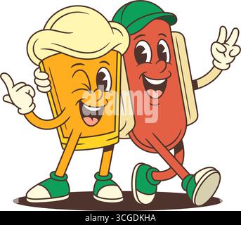 Personnage de verre à bière de dessin animé ludique avec grand clin d'œil en mousse tout en embrassant un ami de hot dog. Design parfait pour la publicité de brasserie et la nourriture festiva Illustration de Vecteur