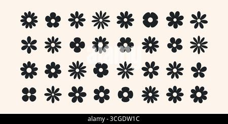 Icône de fleur noire décorative sur un fond plat crème. Les formes de pétales sont abstraites en formes géométriques élégantes, créant un botanique moderne Illustration de Vecteur