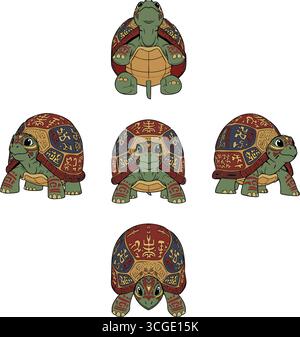 Les tortues lourdes sont illustrées de coquillages richement structurés dans des tons terreux donnant une touche décorative artisanale. Illustration de Vecteur