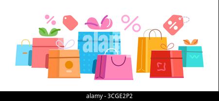 Boîtes colorées avec des noeuds et des sacs à provisions. E-commerce, concept de vente au détail Illustration de Vecteur