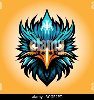 Illustration artistique de tête d'aigle bleu avec un regard pointu, symbolisant la sagesse, la force et la liberté dans un design moderne audacieux. Illustration de Vecteur