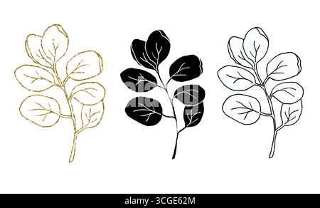 Eucalyptus feuilles d'art au trait, silhouette et paillettes simple dessin à la main illustration vectorielle ensemble, isoler sur fond blanc. Illustration de Vecteur