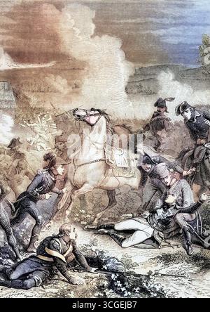 Der Tod von General Louis Charles Antoine Desaix (1768 bis 1800), einem französischen General und Militärführer, während der Schlacht von Marengo AM 14. Juni 1800 zwischen französischen Streitkräften unter Napoleon Bonaparte und österreichischen Streitkräften in der Nähe der Stadt Alessandria im Piemont, Italien, digitale Reproduktion einer historischen Vorlage Banque D'Images