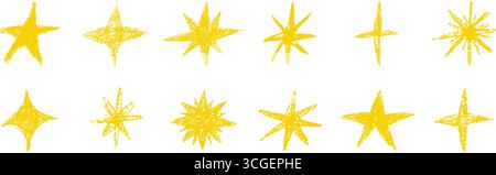 Mignonne étoiles de crayon de cire dessiné style enfant. Crayon craie pour jardin d'enfants. Ensemble d'étoiles texturées grunge isolé sur fond blanc Illustration de Vecteur