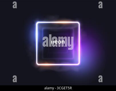 Fond abstrait de ligne de néon carré phosphorescent. Cadre rectangulaire brillant avec réflexion de la lumière, brouillard de fumée et effet de lumière bleu et violet. Vecteur brillant Illustration de Vecteur