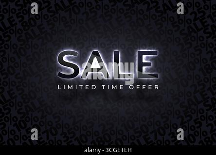 Vente lettres en verre brillant noir avec rétro-éclairage néon blanc sur fond de motif vectoriel de vente. Offre limitée dans le temps. Graphique géométrique de texte simple Illustration de Vecteur