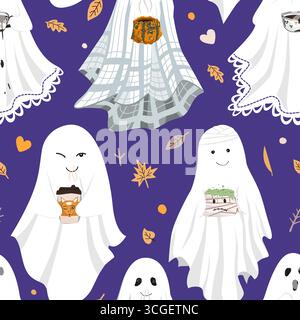 Fantôme drôle de feuille mignon tenant des tasses de boissons chaudes partie sans couture. . Illustration vectorielle de fond d'Halloween. Design esthétique de la saison d'automne Illustration de Vecteur