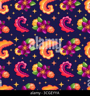 Modèle sans couture avec des fleurs stylisées et des motifs cachemire en rose vif, violet et jaune accentué de petites étoiles orange sur un fond bleu foncé Illustration de Vecteur