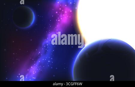 Illustration vectorielle de l'espace profond avec des planètes brillantes, des étoiles brillantes, un soleil géant et une nébuleuse galactique vibrante sur un fond cosmique sombre Illustration de Vecteur