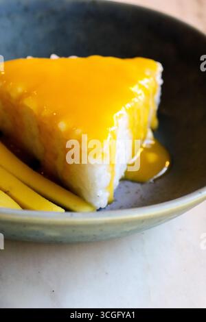 Dessert thaïlandais traditionnel, riz gluant à la mangue, servi dans un bol bleu foncé moderne. tranche triangulaire de riz collant blanc avec sauce à la mangue Banque D'Images