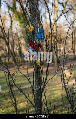 Jouet pour enfants jeté et laissé dans un arbre, 'Noddy' placé dans un arbre dans Winter Sussex UK Banque D'Images