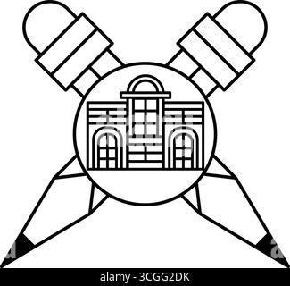 Dessin noir et blanc d'un bâtiment avec deux crayons de chaque côté. Les crayons sont croisés les uns sur les autres, et le bâtiment est au milieu Illustration de Vecteur