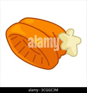 Bonnet d'hiver orange Cartoon. Bonnet beanie orange vif avec pompon dans le style de bande dessinée. Illustration colorée plate sur fond blanc. Illustration de Vecteur