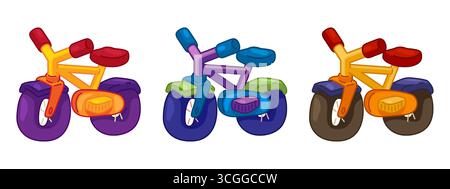 Collection de vélos pour enfants de dessin animé. Ensemble de vélos d'équilibre colorés pour enfants dans un style de bande dessinée. Illustration plate sur fond blanc. Illustration de Vecteur