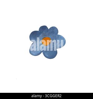 Illustration aquarelle d'une fleur stylisée avec un centre jaune et des pétales bleus poussiéreux sur un fond blanc. Ce desig délicat et artistique Banque D'Images