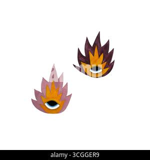 Illustration aquarelle d'une paire de flammes stylisées dans les tons Bordeaux, rose et jaune, chacune avec des yeux, sur fond blanc. Ceci Banque D'Images
