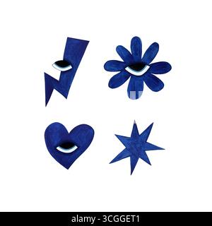 Ensemble aquarelle d'éléments stylisés bleu vif avec des yeux, y compris un éclair, une fleur, un cœur et une étoile, sur un fond blanc. Ce et audacieux Banque D'Images